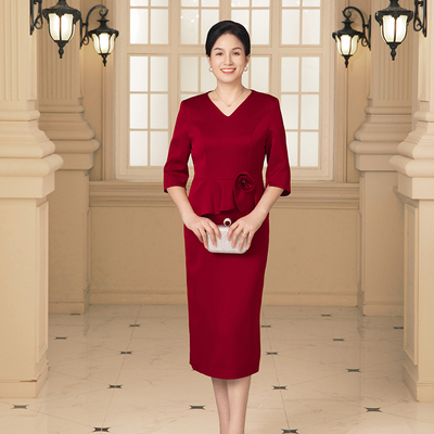 高端喜婆婆婚宴装遮肚子秋季假两件连衣裙喜妈妈礼服礼服