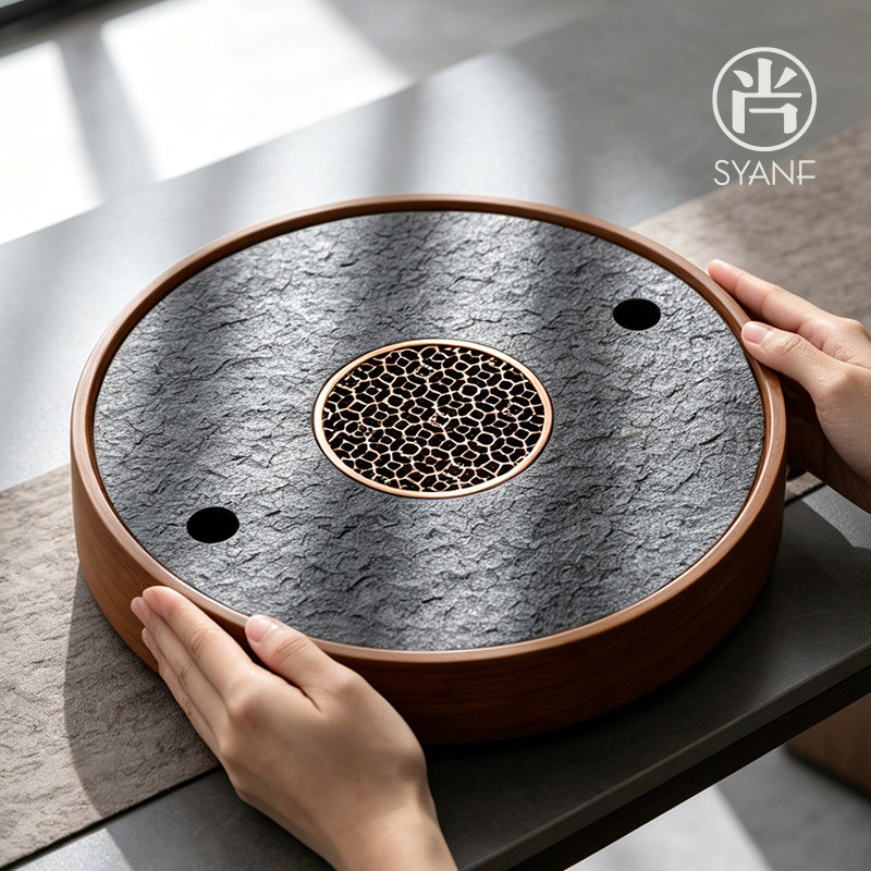 圆形干泡台茶盘乌金石小型家用茶台储水办公室茶海茶托盘功夫茶具