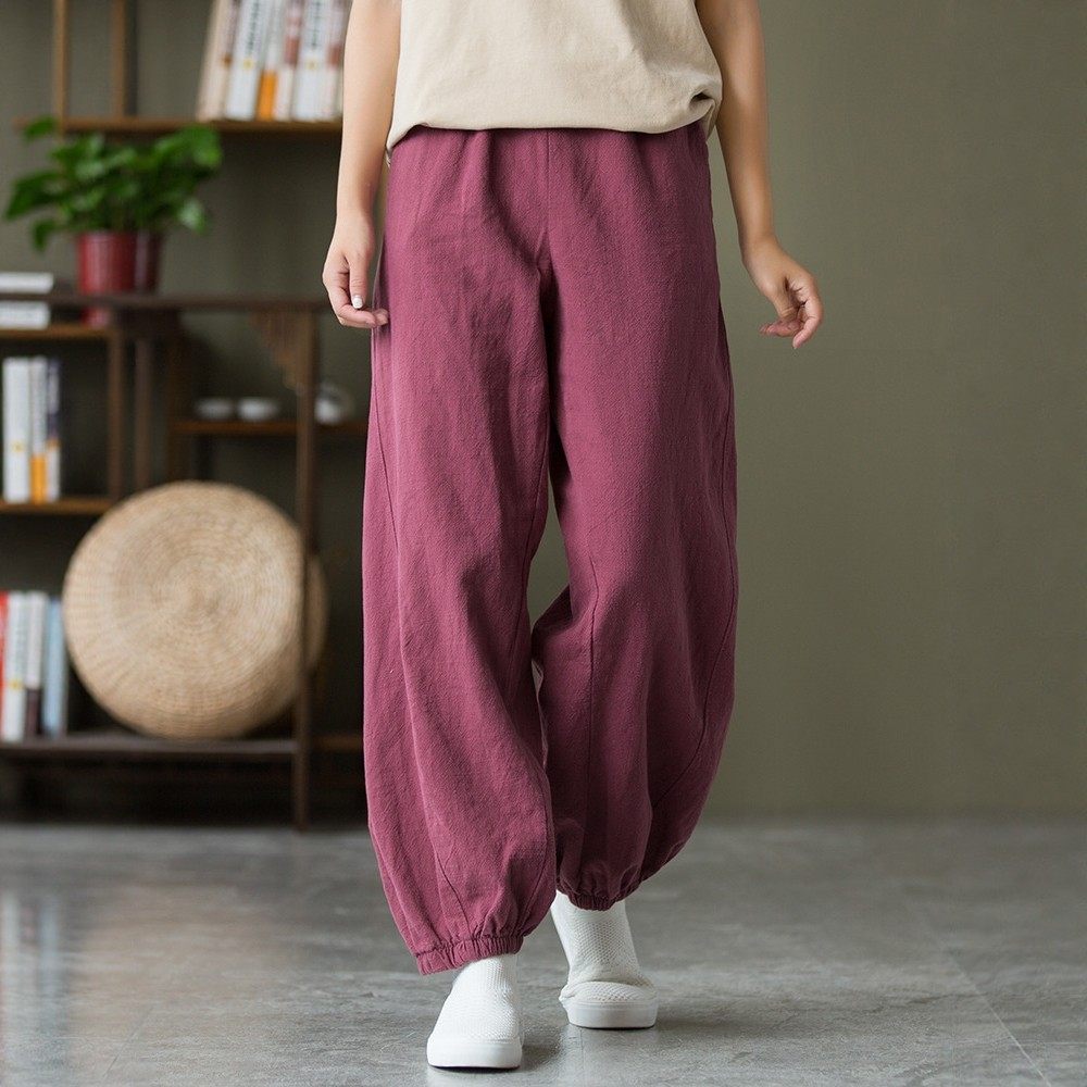 棉麻禅意灯笼裤女春秋复古做旧束脚禅修练功太极裤苎麻纯色休闲裤