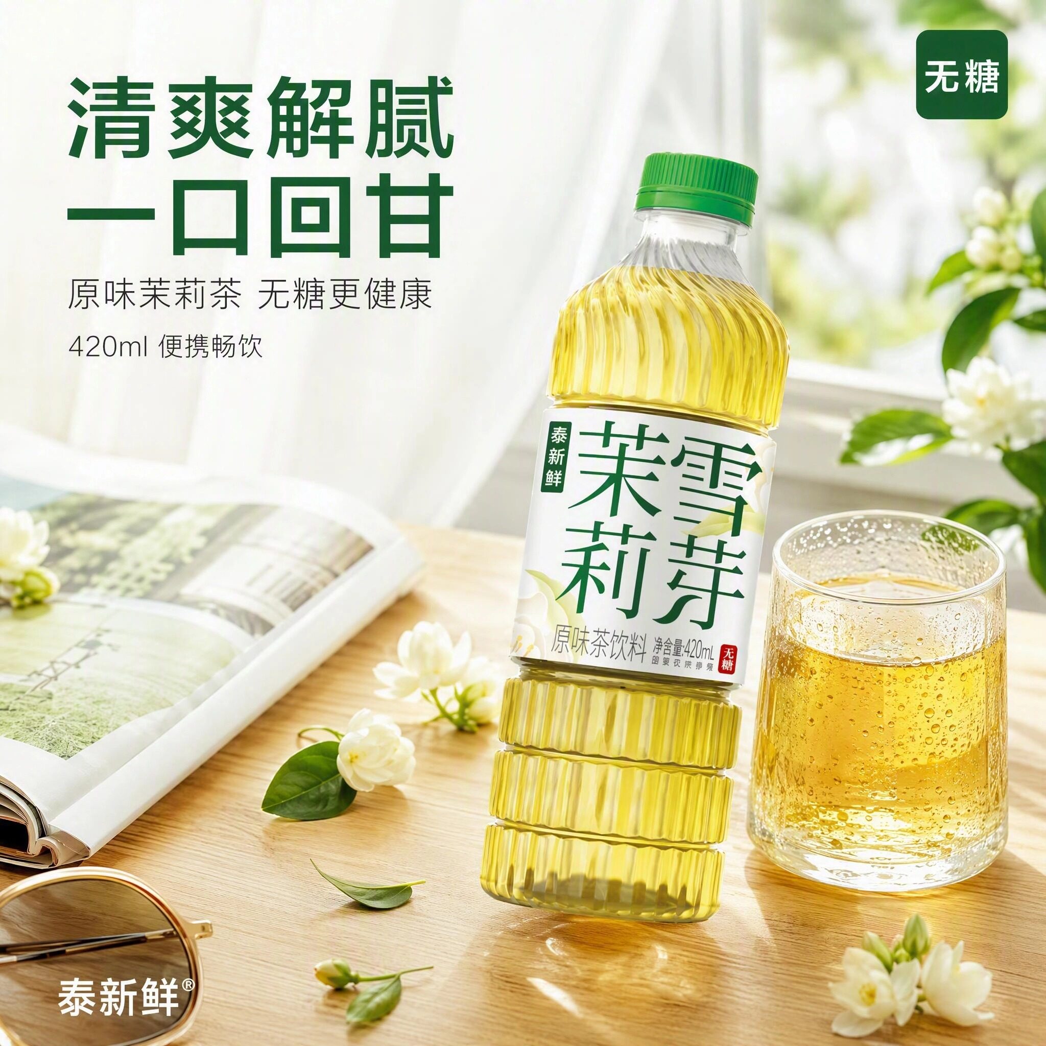 泰新鲜茉莉花茶无糖茶饮0糖0卡0脂420ml*6瓶纯茶饮料真茶萃取沁润