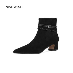 玖熙复古尖头粗跟时装 West Nine 靴通勤真皮短靴不累脚 清仓款