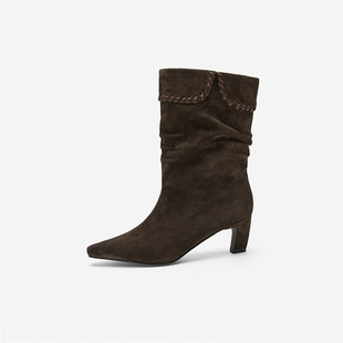 Nine 玖熙短靴羊反绒皮缝靴筒女冬高跟方头瘦瘦靴不累脚通勤 West