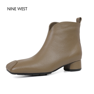 玖熙方头复古粗跟通勤舒适真皮短靴女鞋 West Nine 冬 清仓款