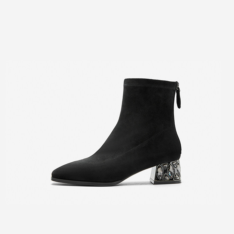 Nine West/玖熙女鞋冬季清仓款高跟短靴女方头绒面时装靴子瘦瘦靴
