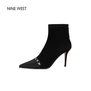 清仓款 靴高跟鞋 Nine 玖熙小香风尖头拼色时装 短靴女靴子 West