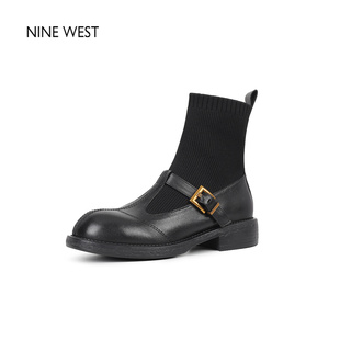 West Nine 玖熙英伦风圆头针织弹力瘦瘦靴粗跟短靴女靴 清仓款