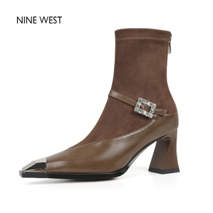 West Nine 玖熙真皮方头弹力瘦瘦靴百搭马丁靴真皮短靴 清仓款