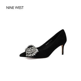 清仓款 真皮单鞋 Nine 玖熙尖头浅口水钻蝴蝶结高跟鞋 女鞋 West