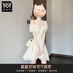 公主裙 法式 气质花边V领连衣裙女2025夏季 新款 甜美收腰小个子短款