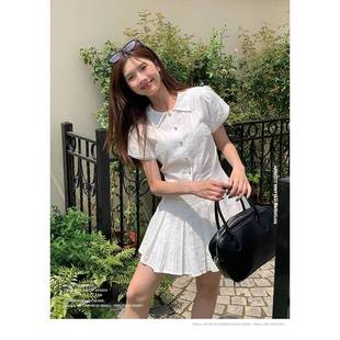 气质收腰小个子甜美短 宋正恩学院风白色泡泡袖 衬衫 连衣裙 女夏季