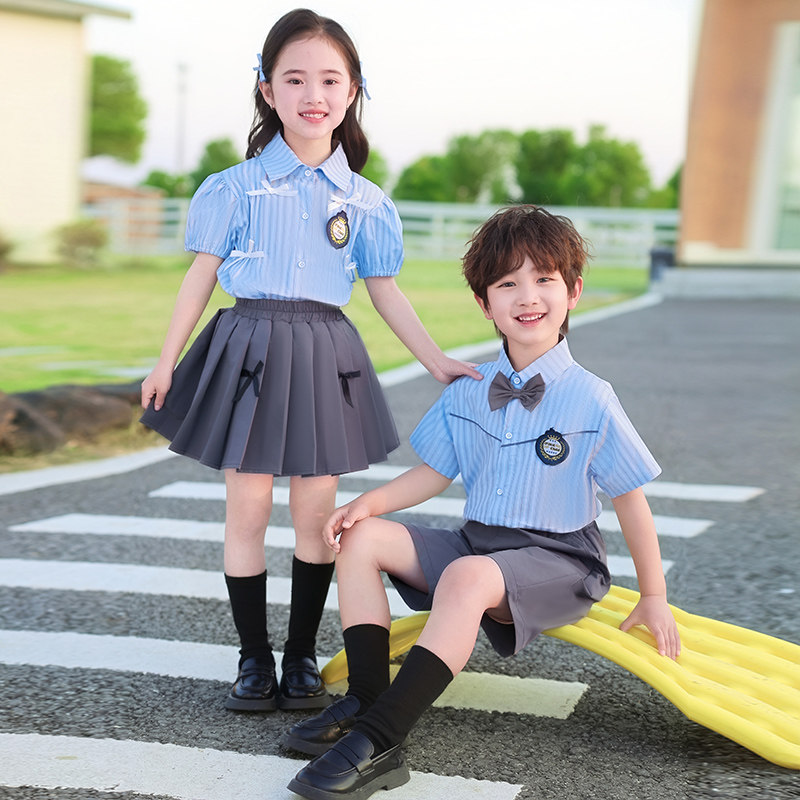 英伦风学院制服蓝白条纹短袖校服儿童小学生六一演出服毕业照班服