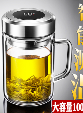 智能显温双层玻璃杯带把手水杯办公室大容量泡茶杯家用带手柄杯子