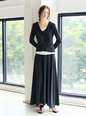 NON RESTRAIN假两件拉链长袖针织帽衫卫衣女垂感抽绳半身长裙套装