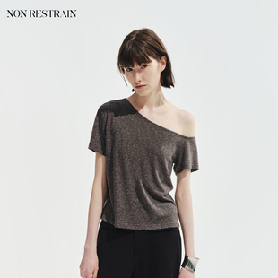 NON RESTRAIN亚麻一字领斜肩短袖T恤女简约宽松显瘦露肩辣妹上衣
