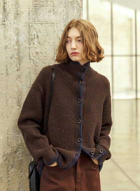 NON RESTRAIN秋季新款复古单排扣针织开衫女撞色宽松长袖高领毛衣