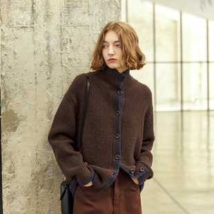 女撞色宽松长袖 NON 复古单排扣针织开衫 新款 高领毛衣 RESTRAIN秋季