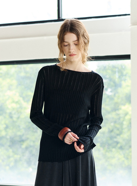 NON RESTRAIN极简圆领镂空毛衣女修身显瘦长袖卷边羊毛针织衫上衣