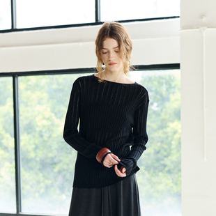 卷边羊毛针织衫 显瘦长袖 上衣 RESTRAIN极简圆领镂空毛衣女修身 NON