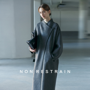 NON 羊绒大衣 RESTRAIN高级感立领羊毛双面呢外套女一粒扣系带长款