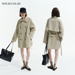 NON 外套 RESTRAIN高级感翻领双排扣风衣女复古腰带宽松廓形中长款