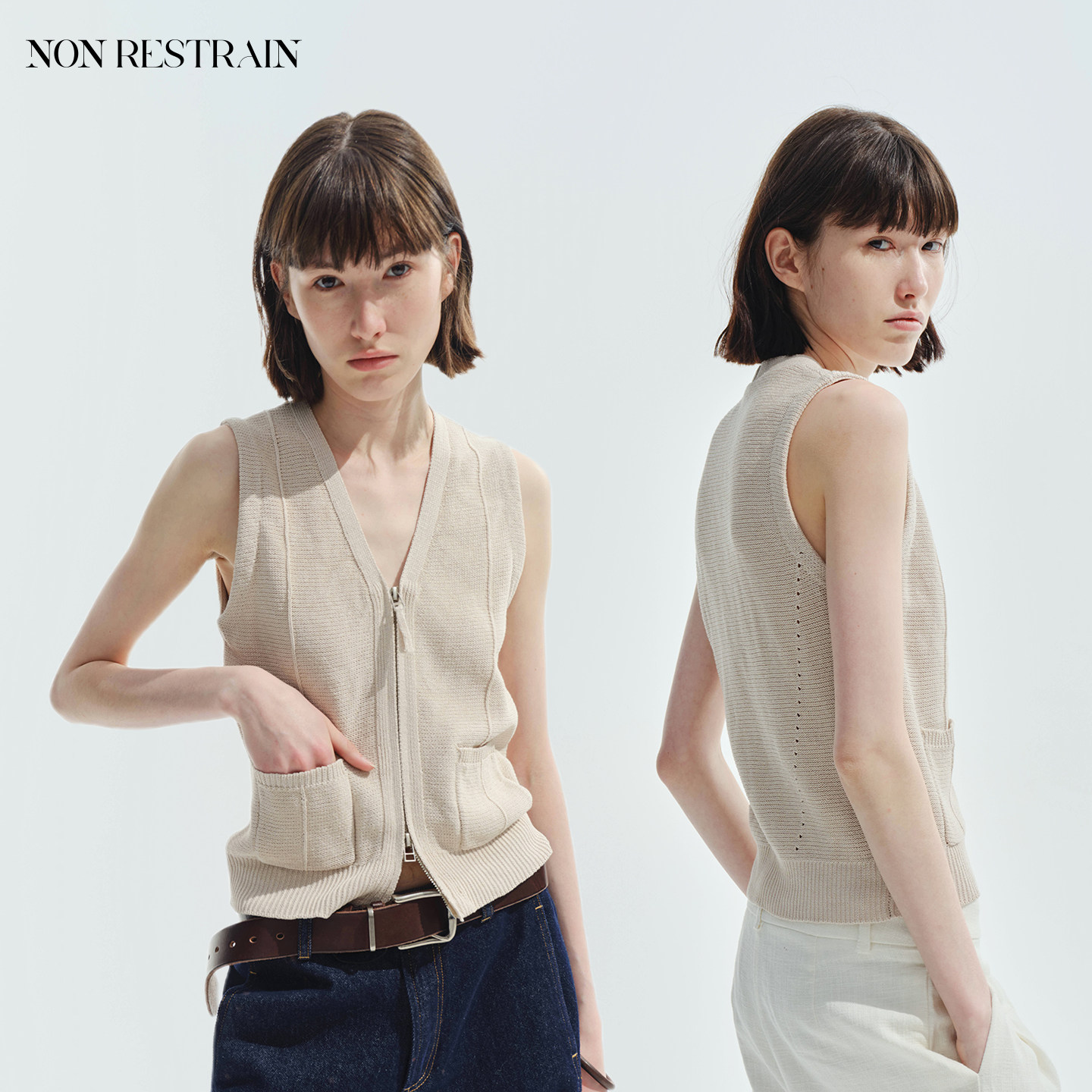 NON RESTRAIN莱赛尔天丝V领口袋背心马甲女双开拉链无袖针织开衫