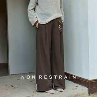 显瘦直筒休闲裤 NON 裤 女撞色纽扣西装 RESTRAIN简约宽松高腰阔腿裤