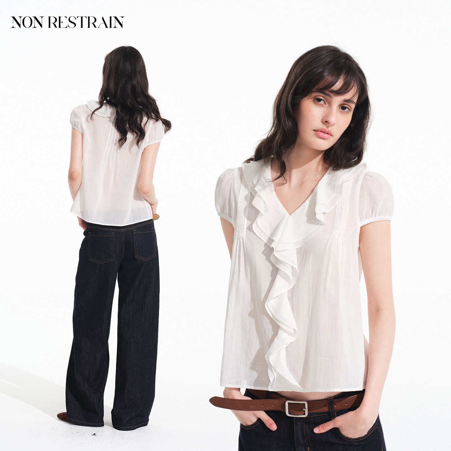 NONRESTRAIN法式泡泡袖白色衬衫
