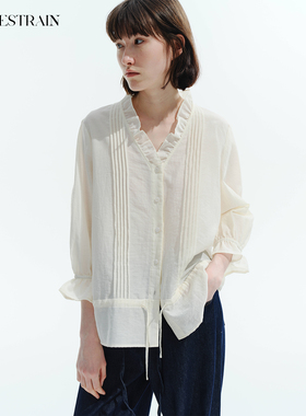 NON RESTRAIN法式荷叶边V领七分袖衬衫女通勤微透塔克褶抽绳衬衣