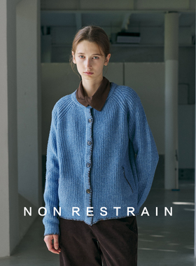 NON RESTRAIN单排扣长袖羊毛针织开衫外套女简约显瘦气质蓝色毛衣