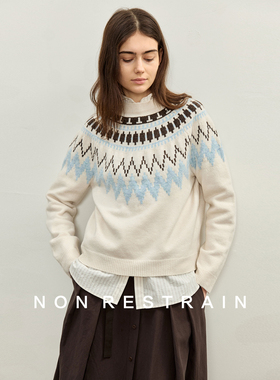 NON RESTRAIN复古费尔岛提花圆领毛衣女北欧风撞色宽松羊毛针织衫