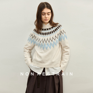 NON RESTRAIN复古费尔岛提花圆领毛衣女北欧风撞色宽松羊毛针织衫