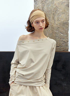 NON RESTRAIN法式慵懒感一字领斜肩气质上衣女宽松显瘦蝙蝠袖T恤