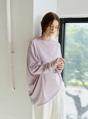 NON RESTRAIN莱赛尔天丝简约长袖T恤女慵懒宽松不规则一字领上衣