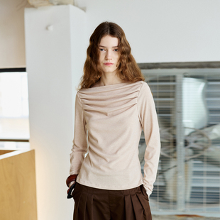 T恤女收腰修身 褶皱斜肩长袖 显瘦气质一字领上衣 RESTRAIN法式 NON