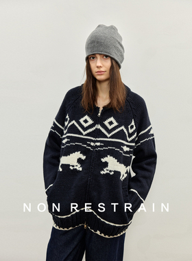 NON RESTRAIN费尔岛提花羊毛针织开衫女宽松青果领双拉链毛衣外套