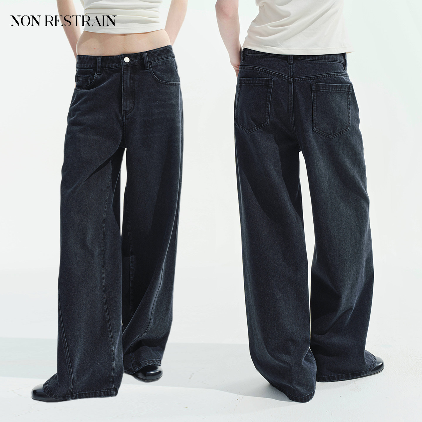 NON RESTRAIN黑色解构分割宽松阔腿裤女复古休闲水洗丹宁牛仔长裤