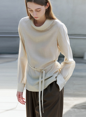 NON RESTRAIN莱赛尔天丝微透亚麻衬衫女宽松绑带翻领醋酸长袖衬衣