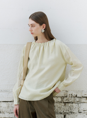 NON RESTRAIN微透设计感领口抽褶长袖衬衫女慵懒法式宽松气质衬衣