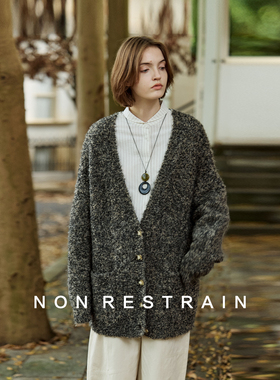NON RESTRAIN高级感复古花纱羊毛针织开衫女慵懒宽松V领毛衣外套