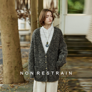 NON 女慵懒宽松V领毛衣外套 RESTRAIN高级感复古花纱羊毛针织开衫