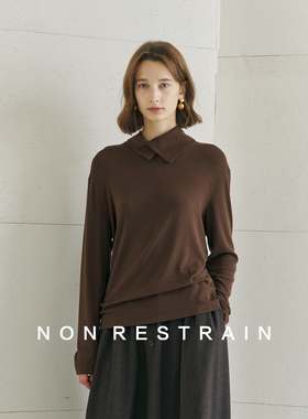 NON RESTRAIN莱赛尔天丝后背系扣设计感上衣女不对称翻领长袖T恤