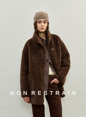 NON RESTRAIN美拉德复古立领皮毛一体外套女高级感宽松羊羔毛棉服