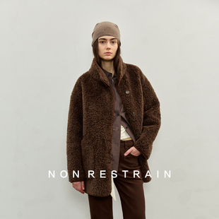 NON RESTRAIN美拉德复古立领皮毛一体外套女高级感宽松羊羔毛棉服