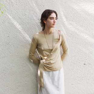 长袖 NON 假两件修身 女法式 T恤上衣 RESTRAIN莱赛尔天丝绑带针织衫