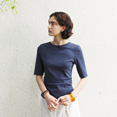 NON T恤上衣 显瘦中袖 RESTRAIN极简圆领抽褶收腰打底针织衫 女修身