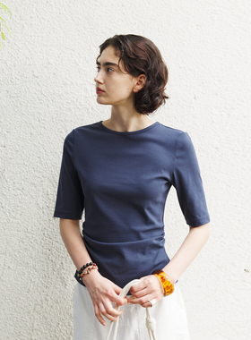 NON RESTRAIN极简圆领抽褶收腰打底针织衫女修身显瘦中袖T恤上衣