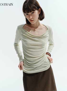 NON RESTRAIN莱赛尔天丝褶皱荡领长袖T恤女气质收腰打底针织上衣