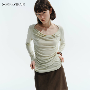 NON T恤女气质收腰打底针织上衣 RESTRAIN莱赛尔天丝褶皱荡领长袖