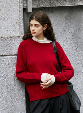 NON RESTRAIN百搭宽松山羊绒混纺针织衫女马鞍肩红色长袖圆领毛衣