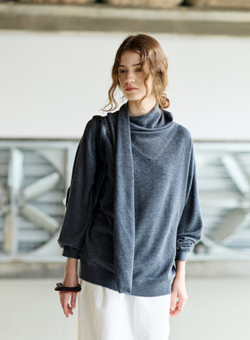 NON RESTRAIN设计感飘带围巾领羊毛针织衫女慵懒宽松落肩长袖毛衣